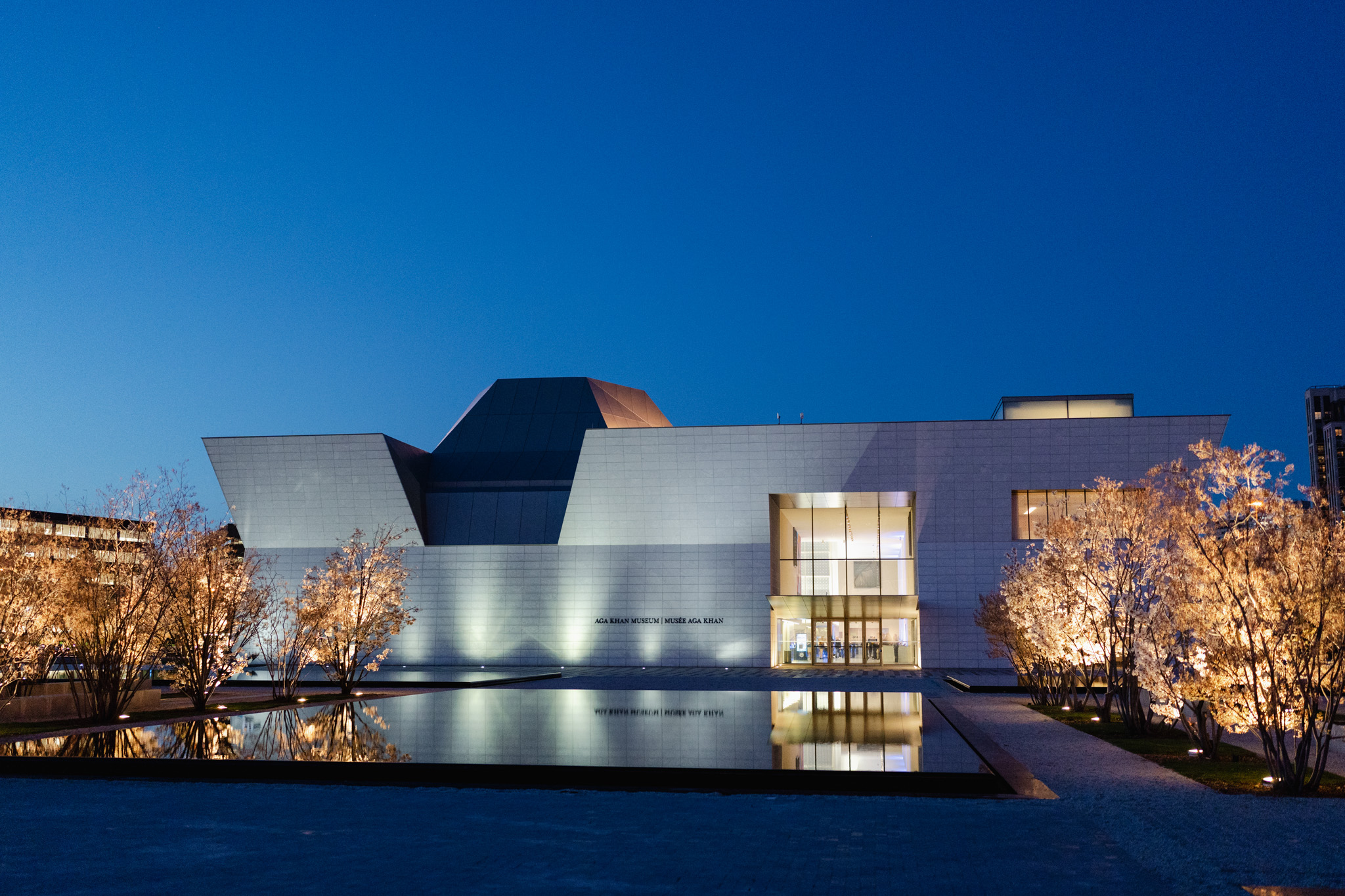 Modern building with a geometric design, illuminated at night. Trees with white lights line the walkway, and a reflective pool is in the foreground, perfect for corporate photography sessions.